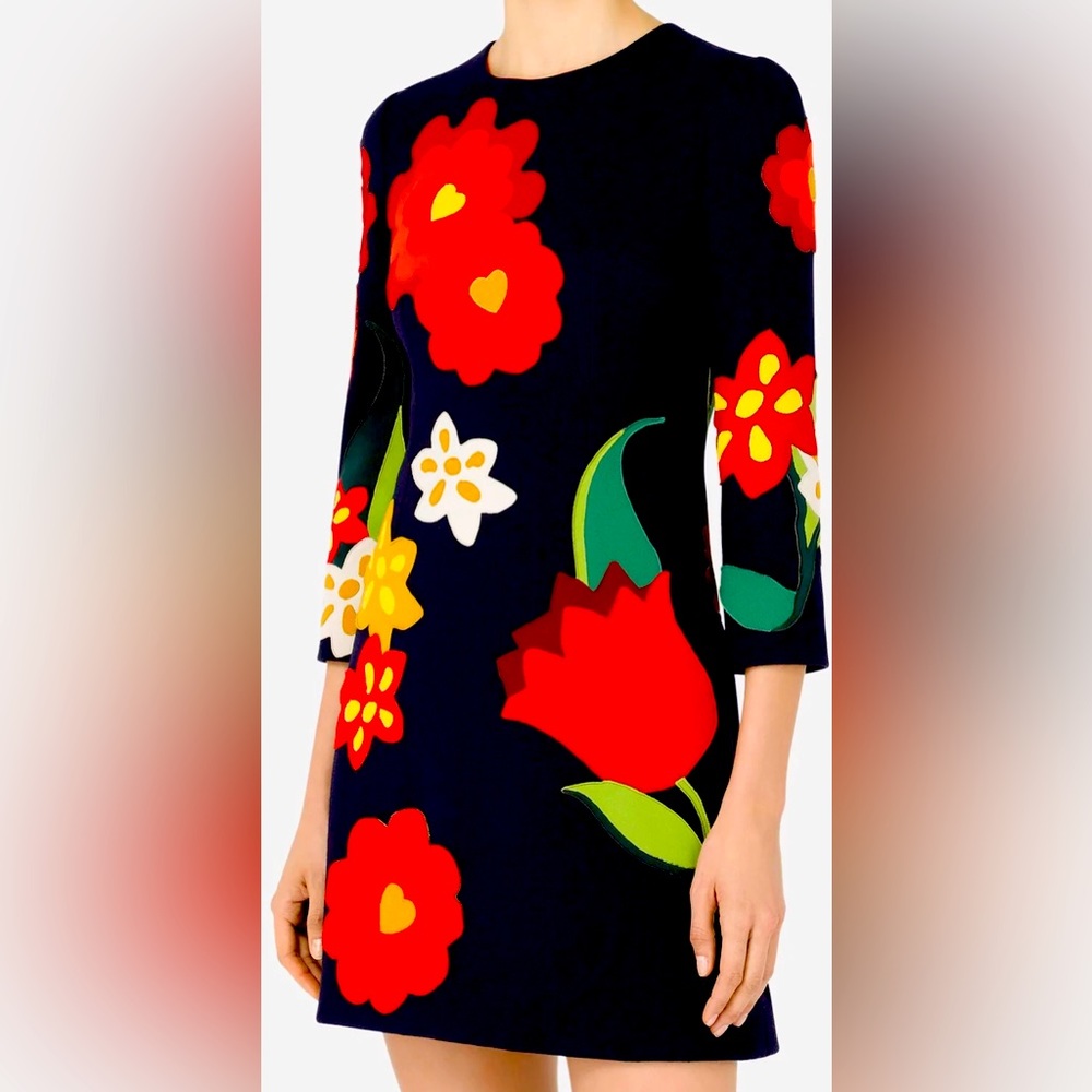 Dolce & Gabbana- NBW and NWT Floral Patch Wool Blend Crepe A-line Dress in Blue